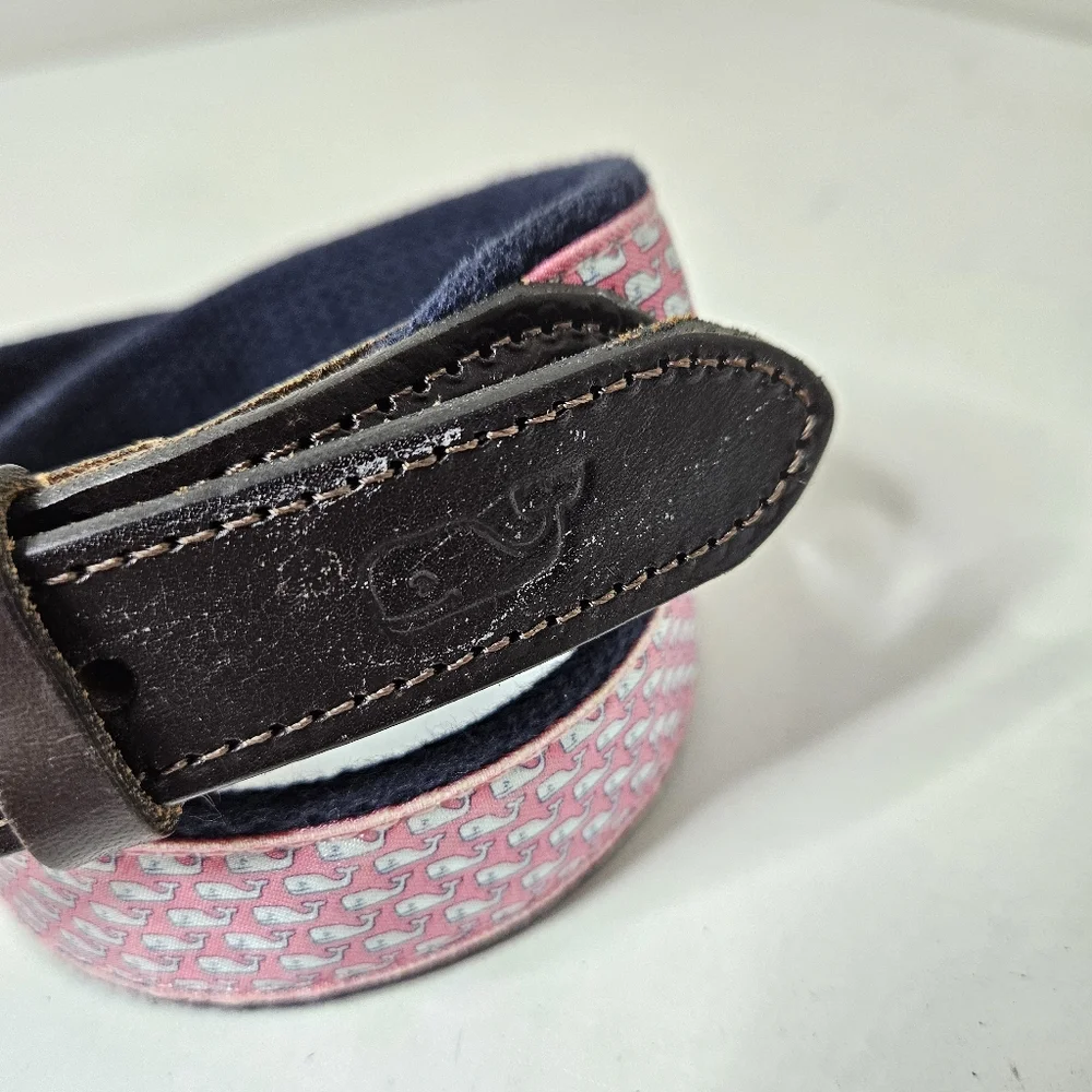 Vineyard Vines Whale Belt Pink Blue Leather Brass Canvas Club Boys 26